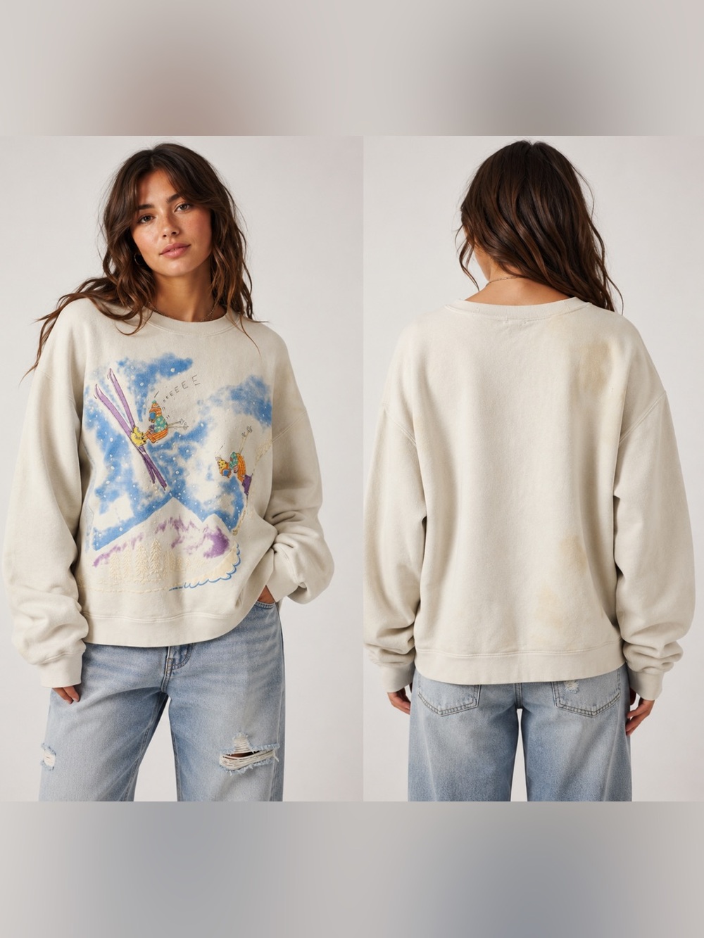 OP Rare VTG 80’s Cream Ski Graphic Crewneck Oversized Relaxed Sweater One Size